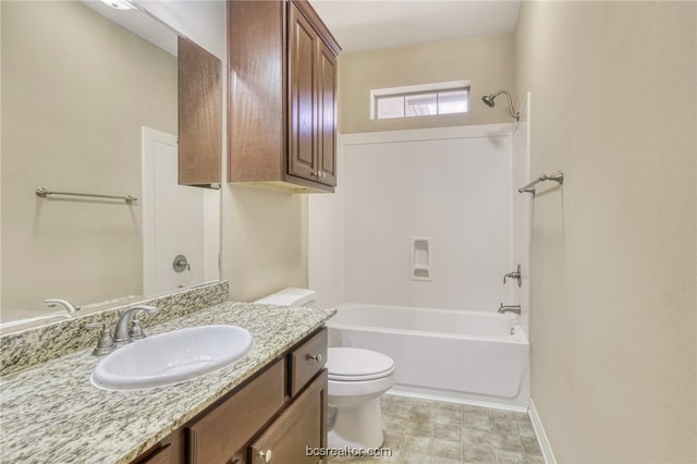 full bathroom featuring shower / bathing tub combination, vanity, and toilet