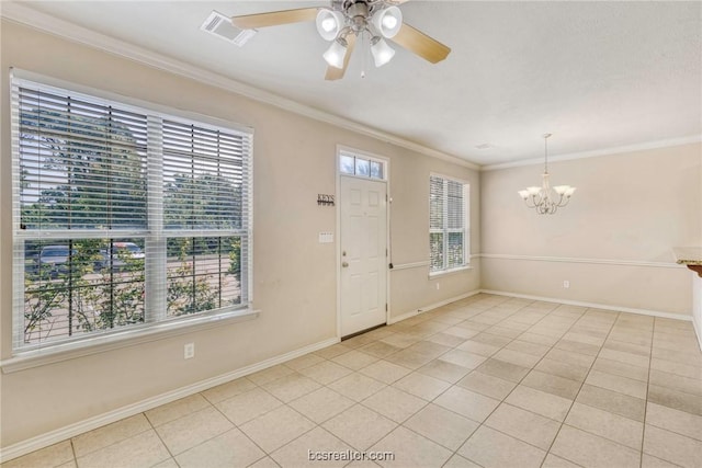 entrance foyer with light tile patterned floors, ceiling fan with notable chandelier, and crown molding