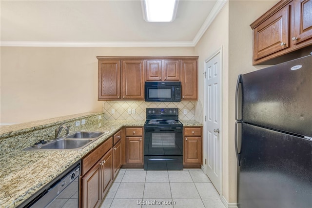 kitchen featuring black appliances, sink, ornamental molding, tasteful backsplash, and light tile patterned flooring