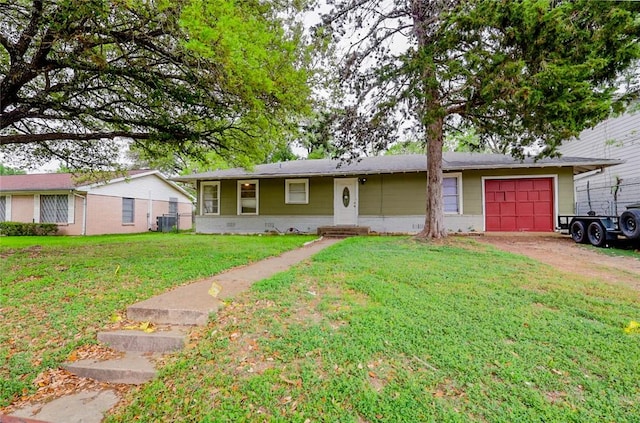 single story home with a garage, a front yard, and dirt driveway