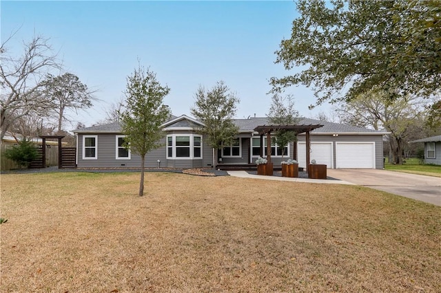 single story home featuring an attached garage, a front yard, fence, a pergola, and driveway