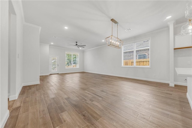 3702 Archer Falls Ct, College Station, TX 77845 - unfurnished living room featuring crown molding, light wood finished floors, ceiling fan, and recessed lighting