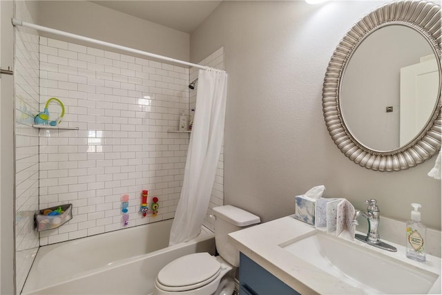 full bathroom with toilet, vanity, and shower / tub combo with curtain