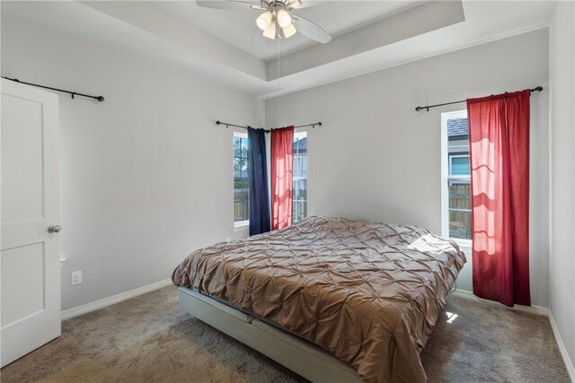 carpeted bedroom with a raised ceiling and ceiling fan