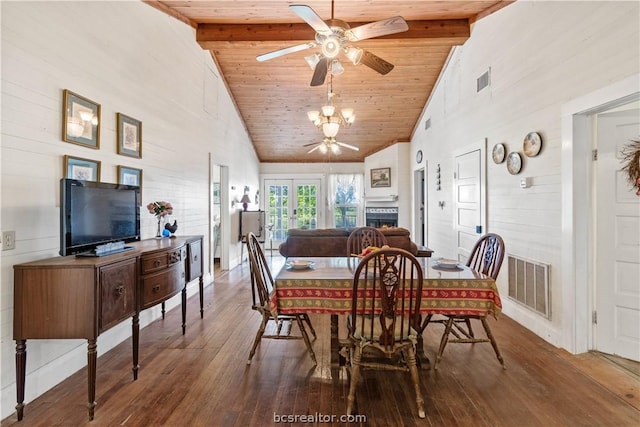 dining space featuring wood-type flooring, high vaulted ceiling, wooden ceiling, and beam ceiling