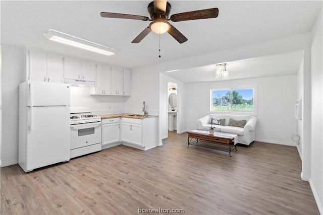 kitchen featuring ceiling fan, sink, light hardwood / wood-style floors, white appliances, and white cabinets