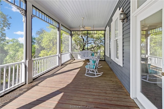 unfurnished sunroom featuring ceiling fan and wooden ceiling