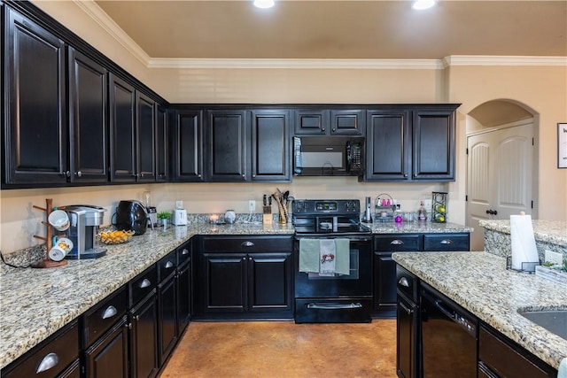 kitchen with crown molding, black appliances, and light stone counters