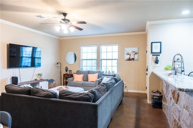 living room featuring ceiling fan and ornamental molding