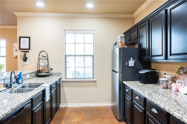 kitchen featuring sink, black dishwasher, light stone countertops, and ornamental molding