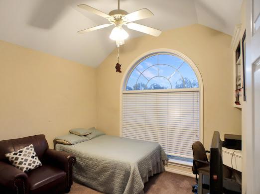 bedroom featuring carpet, ceiling fan, and lofted ceiling