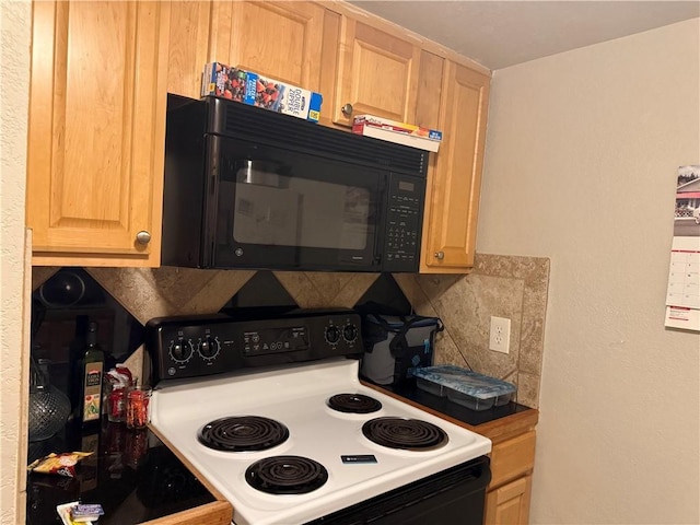 kitchen featuring decorative backsplash, electric range, and light brown cabinets