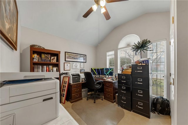 office with lofted ceiling and ceiling fan