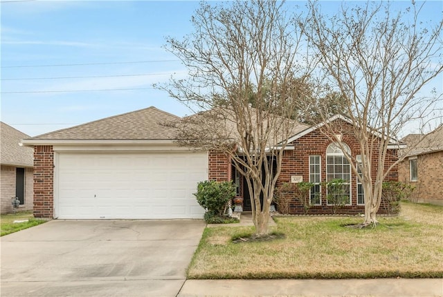 ranch-style house featuring brick siding, concrete driveway, and a garage