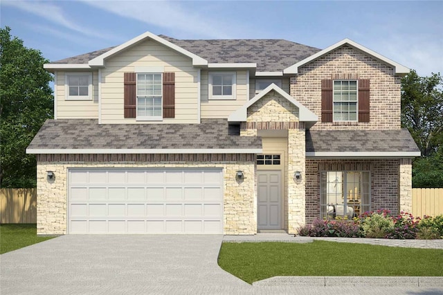 view of front of property with roof with shingles, brick siding, fence, a garage, and driveway