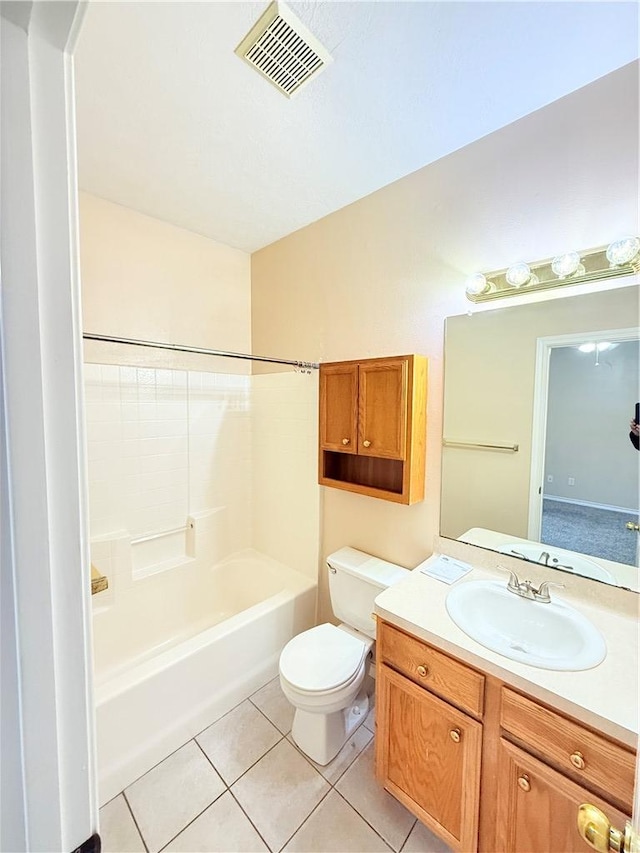 bathroom with shower / bath combination, visible vents, toilet, tile patterned floors, and vanity