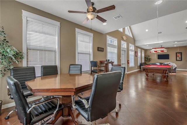 office space with visible vents, pool table, baseboards, lofted ceiling, and a ceiling fan