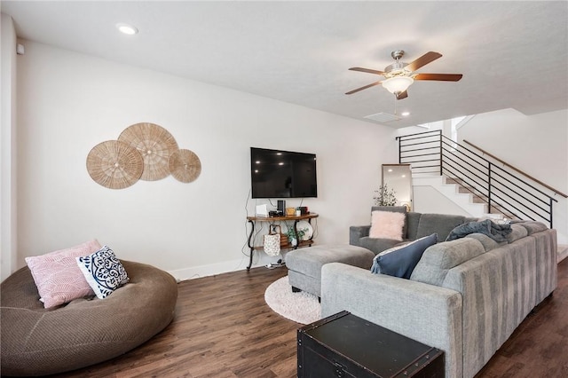 440 William D Fitch Pkwy, College Station, TX 77845 - living room featuring stairway, dark wood-style flooring, a ceiling fan, baseboards, and recessed lighting
