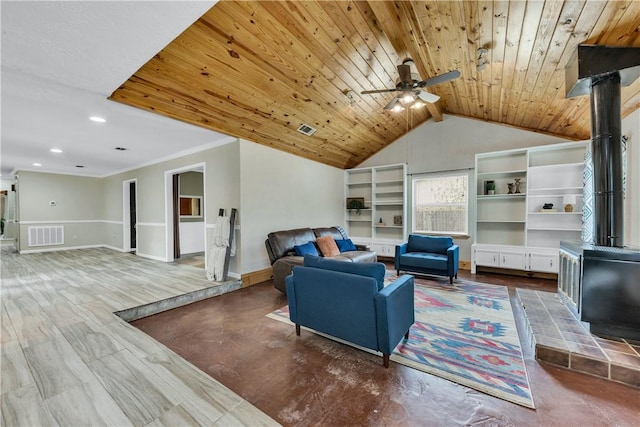 living room featuring ornamental molding, ceiling fan, wooden ceiling, hardwood / wood-style floors, and lofted ceiling