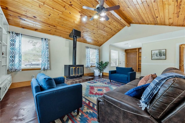 living room featuring a wood stove, ceiling fan, wooden ceiling, vaulted ceiling with beams, and dark hardwood / wood-style floors