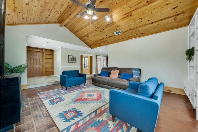 living room with lofted ceiling with beams, ceiling fan, built in shelves, dark tile patterned floors, and wood ceiling