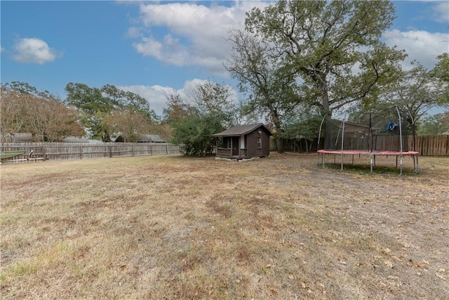 view of yard featuring a shed and a trampoline