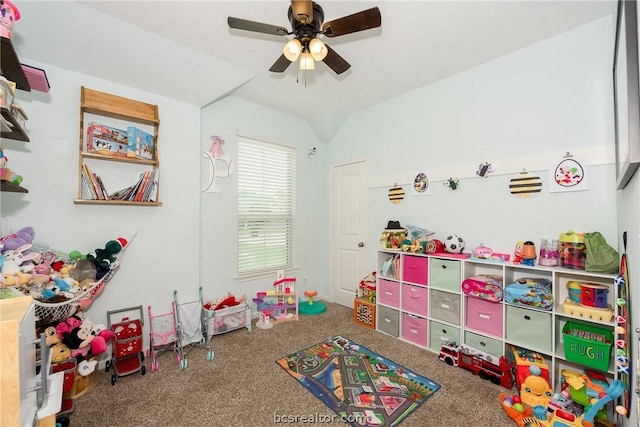 playroom featuring carpet flooring and ceiling fan