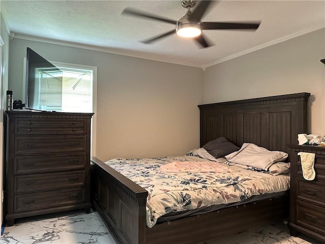 1906 Calvert Cir, Bryan, TX 77803 - bedroom featuring light marble finish flooring, ornamental molding, and a ceiling fan