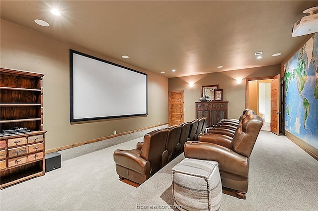 home theater featuring light carpet