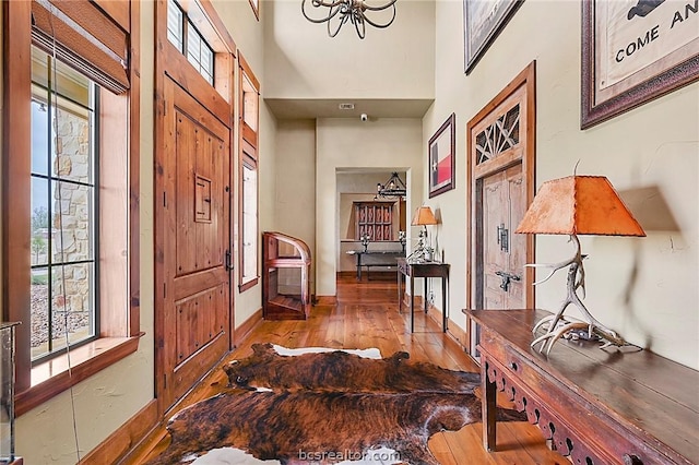 foyer entrance featuring hardwood / wood-style flooring, a notable chandelier, and a high ceiling