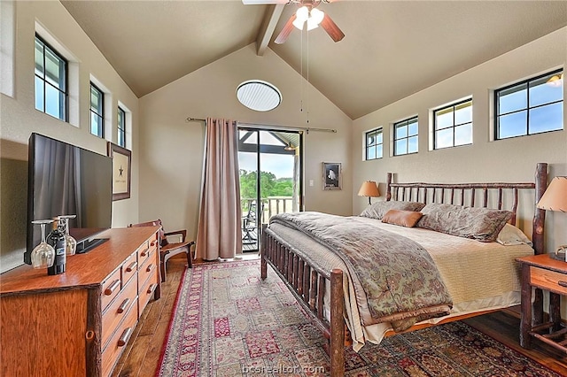 bedroom featuring high vaulted ceiling, access to outside, dark hardwood / wood-style floors, ceiling fan, and beam ceiling