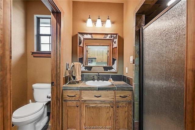 bathroom with vanity, toilet, and a shower with shower door