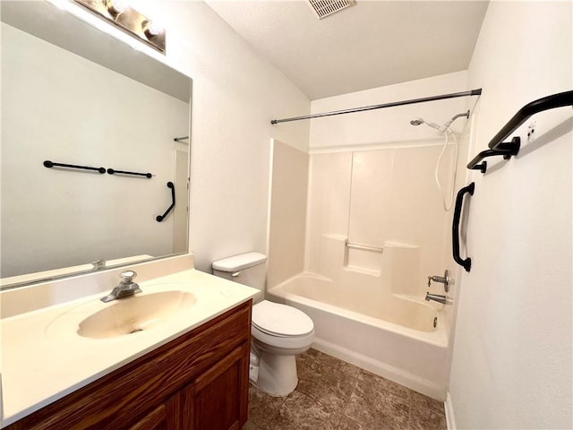 full bathroom featuring toilet, shower / bathtub combination, visible vents, and vanity