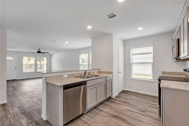 kitchen featuring light wood-type flooring, stainless steel appliances, and a healthy amount of sunlight