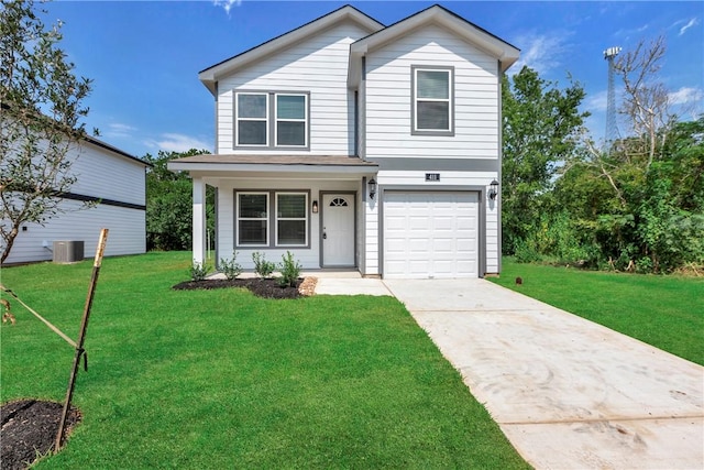 view of property with central air condition unit, a front lawn, and a garage