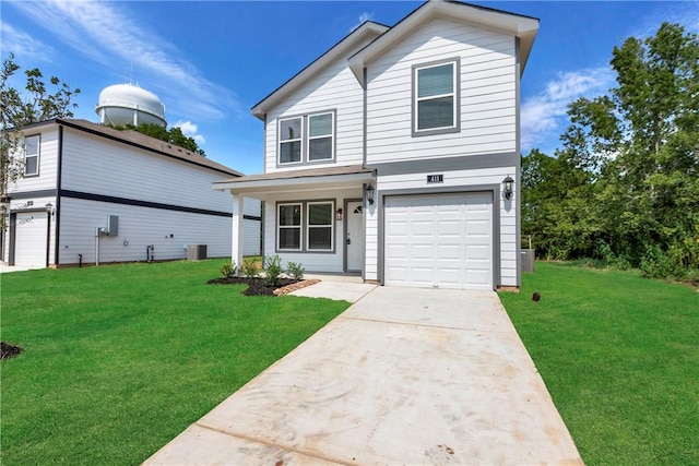 front facade featuring a garage, central air condition unit, and a front yard