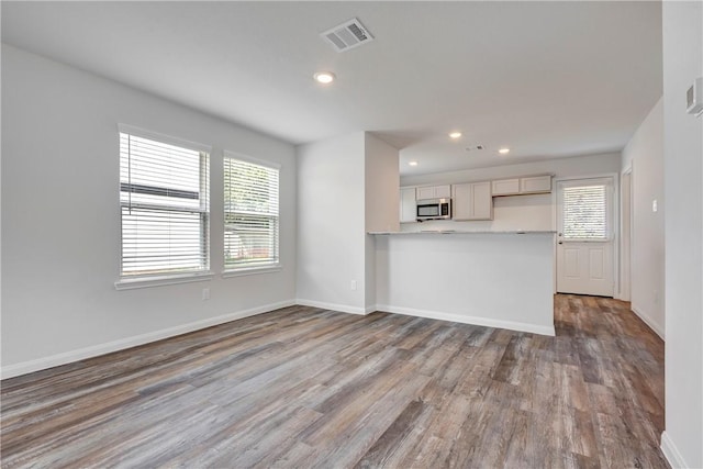 kitchen with kitchen peninsula and hardwood / wood-style flooring