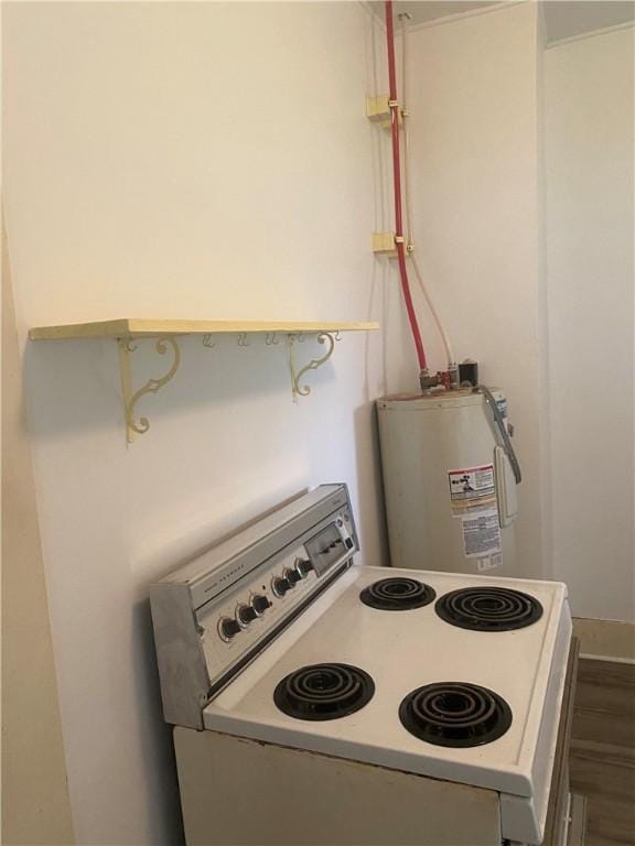 5225 Colorado St, Richards, TX 77873 - kitchen with white electric range oven, electric water heater, and dark wood finished floors