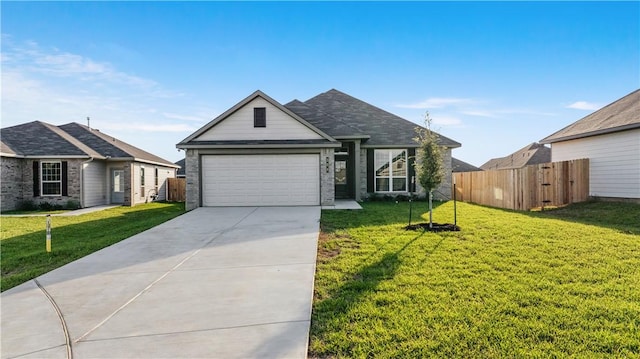 ranch-style house with a garage and a front yard