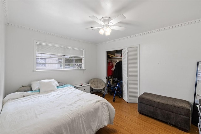 bedroom with light wood-style floors, ceiling fan, and a closet