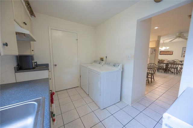 4988 Paso Fino Ln, Madisonville, TX 77864 - clothes washing area featuring independent washer and dryer, light tile patterned floors, a chandelier, ceiling fan, and recessed lighting