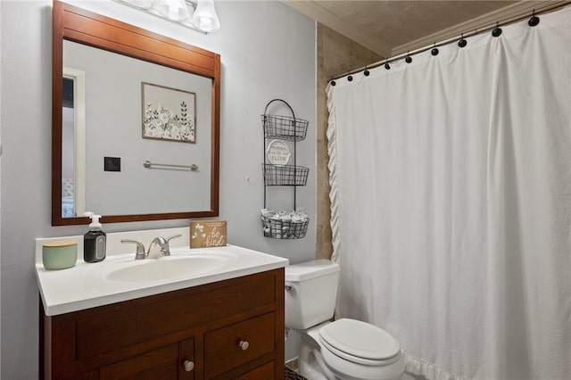 full bathroom with vanity, a shower with curtain, and toilet