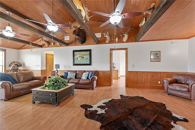 living area with visible vents, light wood-style flooring, wainscoting, and wooden ceiling