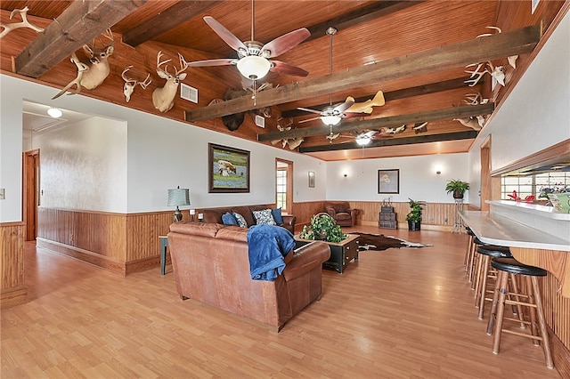 living room featuring wood ceiling, a wainscoted wall, visible vents, and beam ceiling