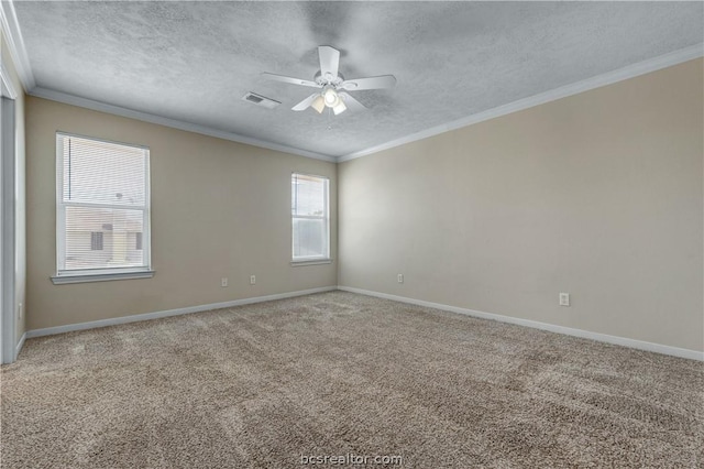 carpeted empty room featuring ceiling fan, crown molding, and a textured ceiling