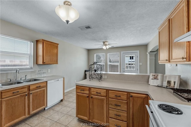 kitchen with a wealth of natural light, sink, ceiling fan, and white appliances