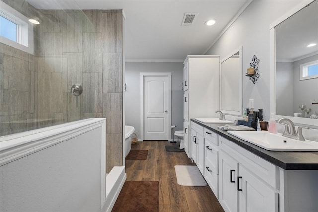 bathroom with ornamental molding, visible vents, a sink, and wood finished floors