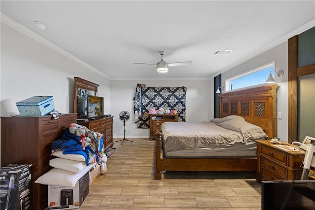 bedroom featuring visible vents, baseboards, a ceiling fan, wood tiled floor, and crown molding