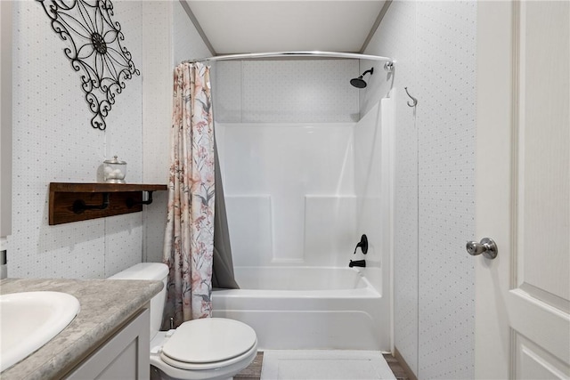 full bathroom with toilet, wallpapered walls, shower / bath combination with curtain, and vanity