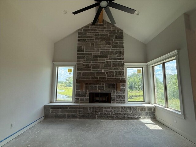 10070 Crown Pt, Iola, TX 77861 - unfurnished living room featuring ceiling fan, high vaulted ceiling, beam ceiling, and ornate columns